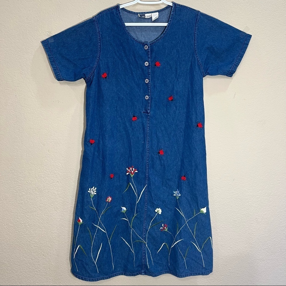 La Cera Embroidered Floral and Ladybug Denim Swing Dress Sz L Boho Peasant Cute!